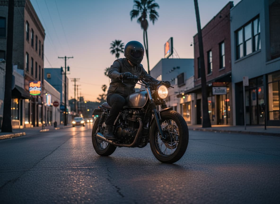 Image d'un homme en train de conduire une moto argentée nécessitant le passage de l'épreuve de circulation du permis moto