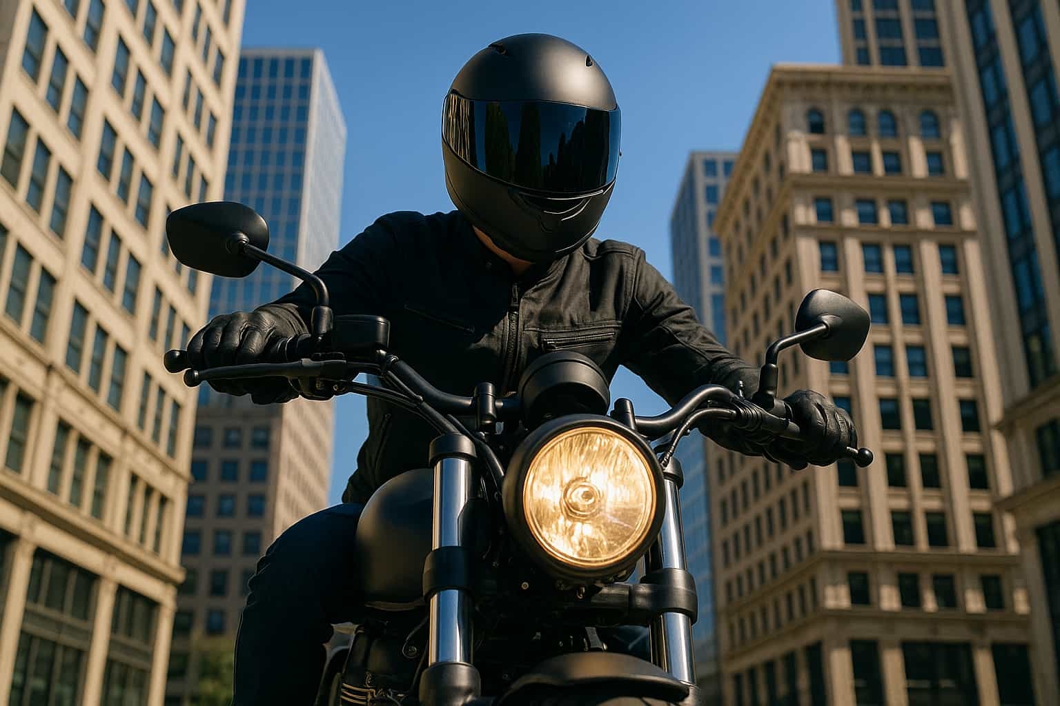 Image d'un homme titulaire du permis moto conduisant une moto noire dans une ville américaine
