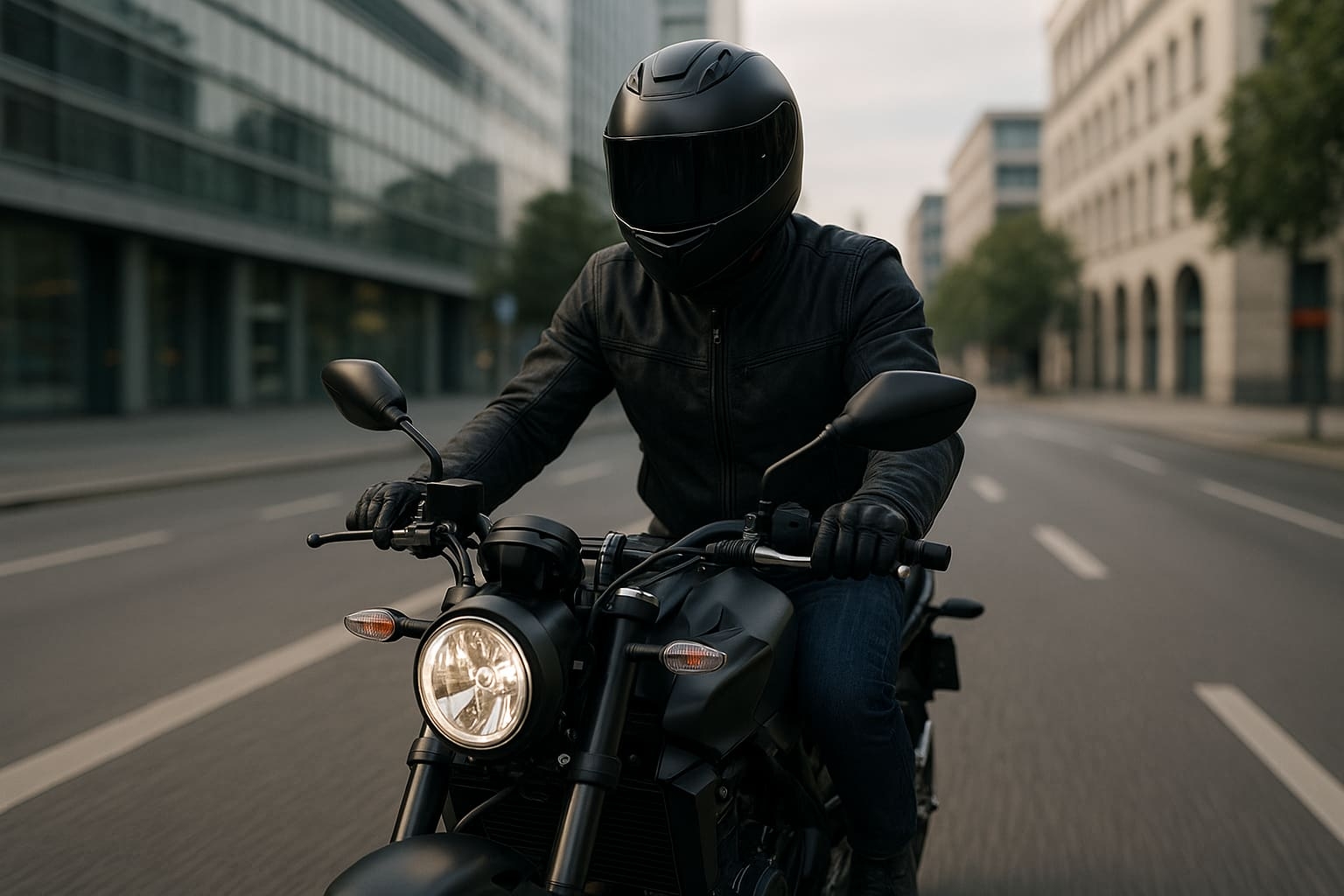 Image d'un homme titulaire du permis moto conduisant une moto noire dans une ville