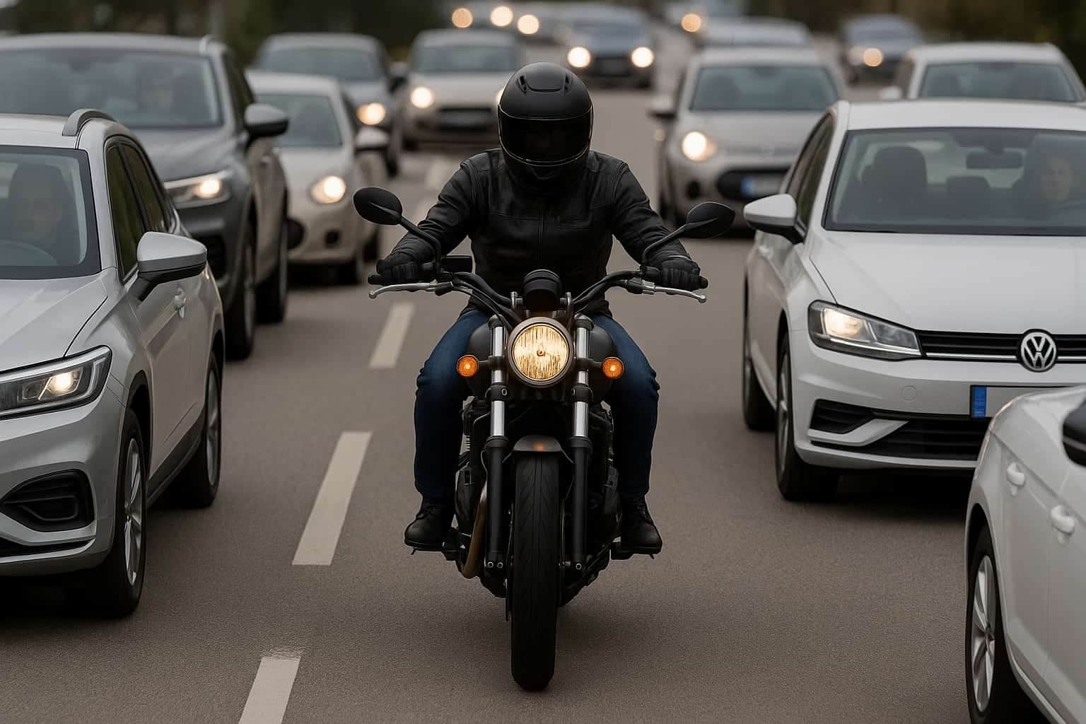 Image d'un motard pratiquant l'inter-files sur une autoroute