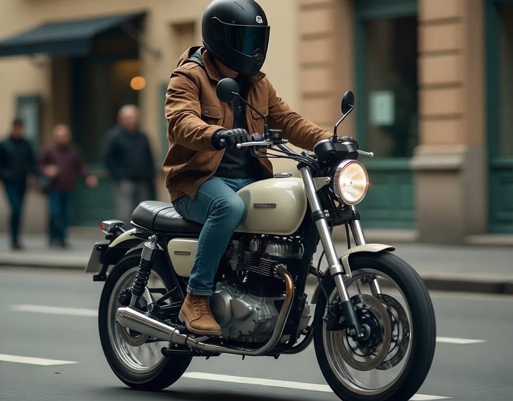 Motard conduisant une moto beige accessible avec permis 125 ou la formation 125