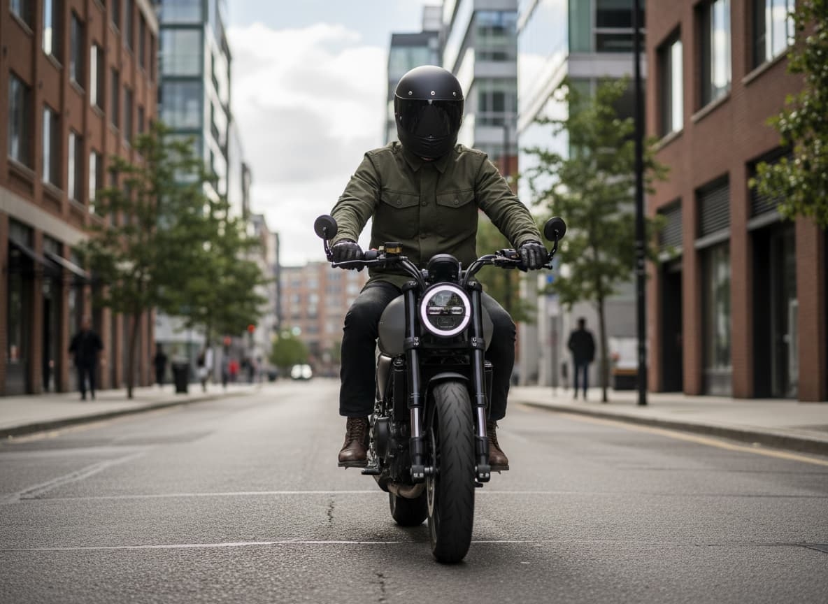 Image d'un homme conduisant une moto gros cylindre dans une ville américaine