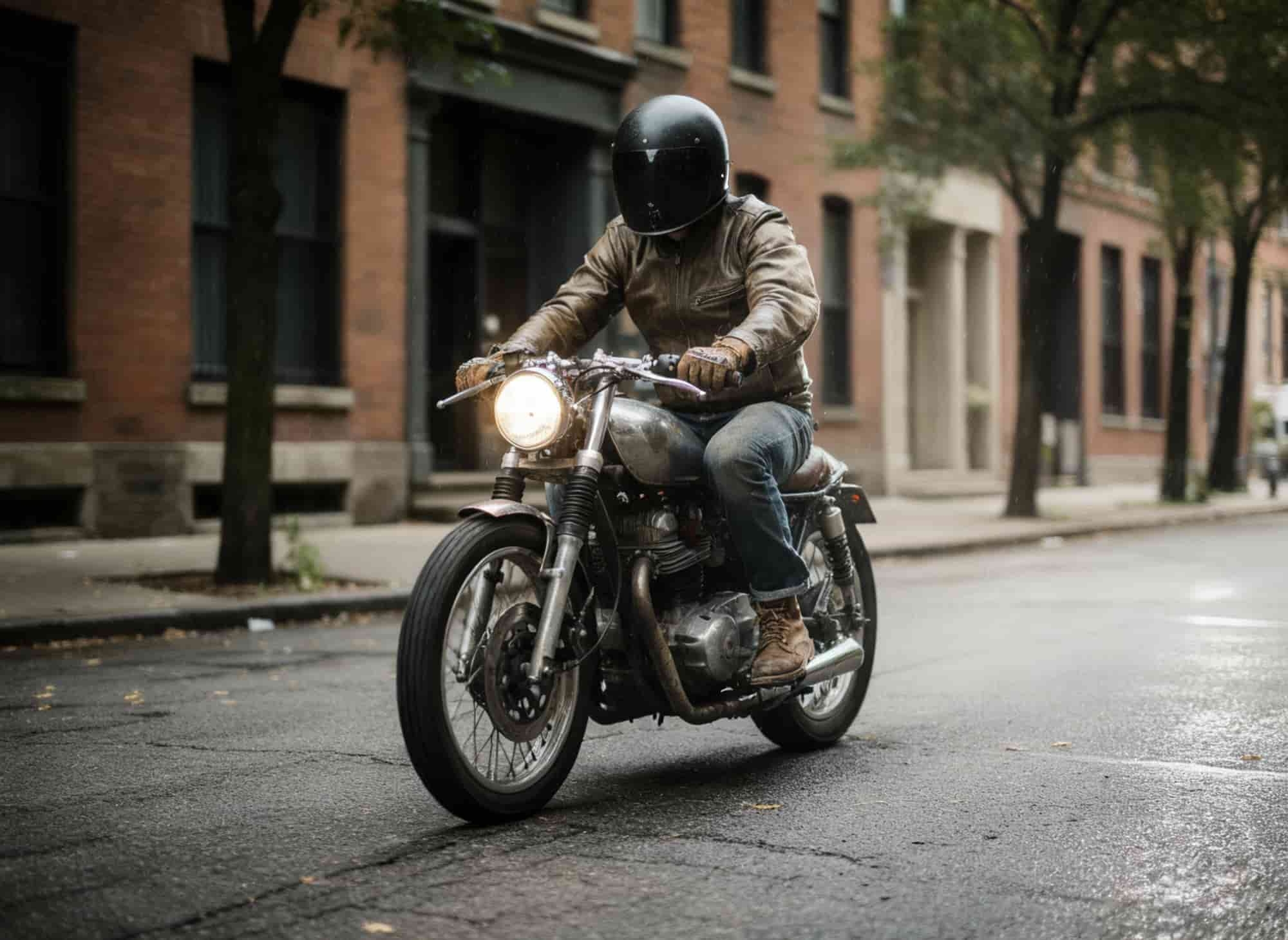 Image d'un homme  portant une veste en cuir marron conduisant une moto grise en milieu urbain
