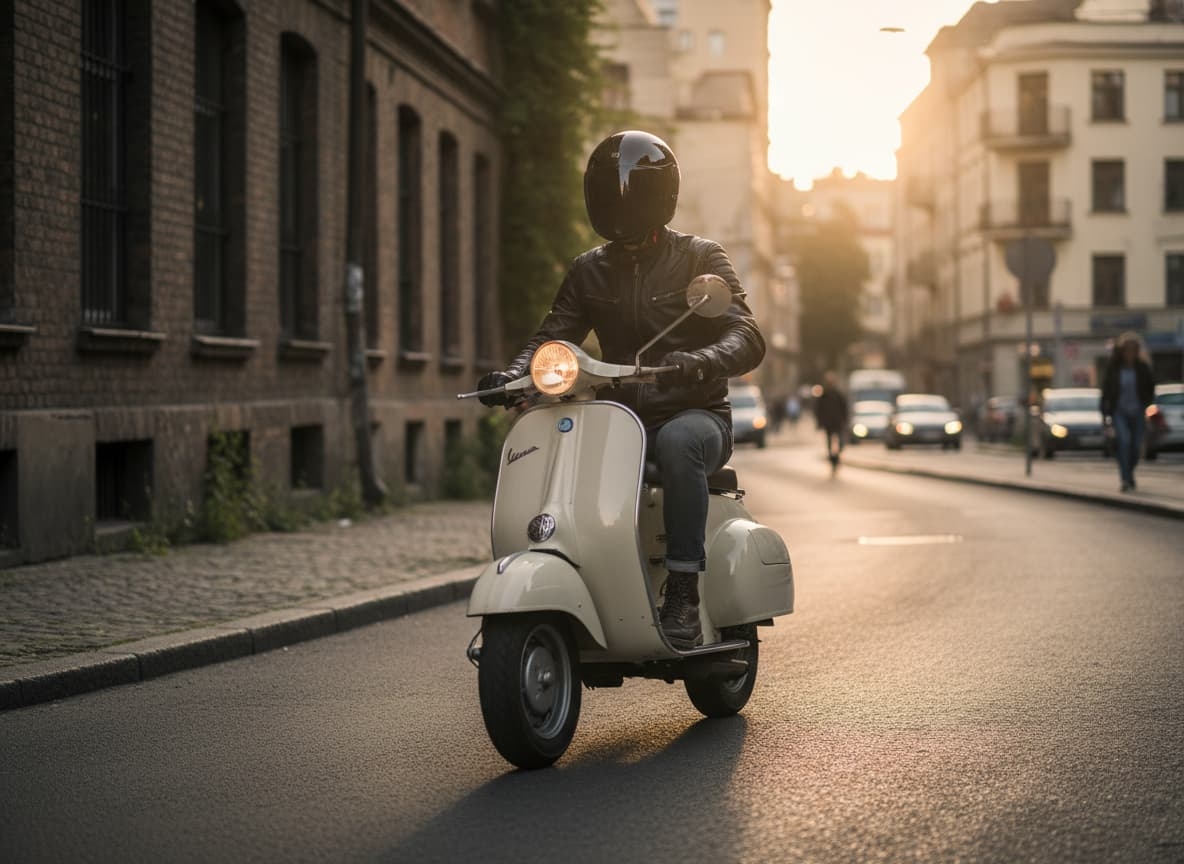 Image scooter vespa conduit par un homme dans une ville italienne