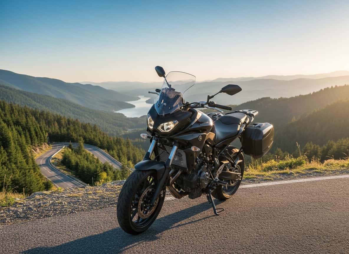 Image Yamaha Tracer 7 accessible avec permis A2 devant paysage de montage