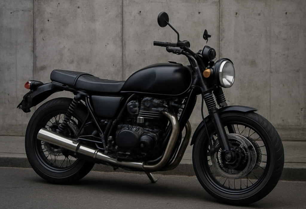 Image d'une moto noire devant un mur en béton gris
