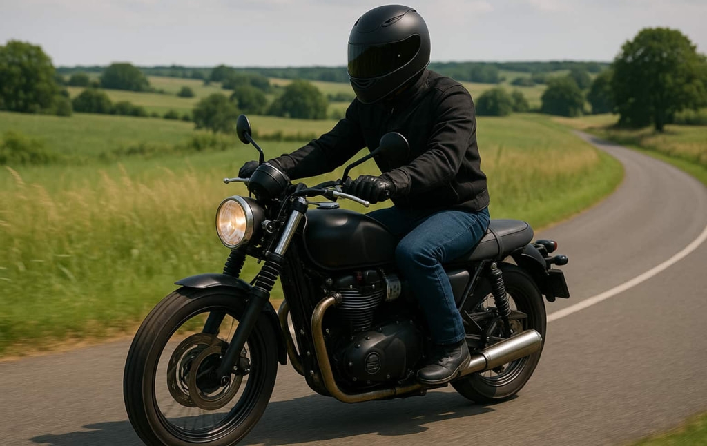 Image d'un motard conduisant une moto dans la campagne