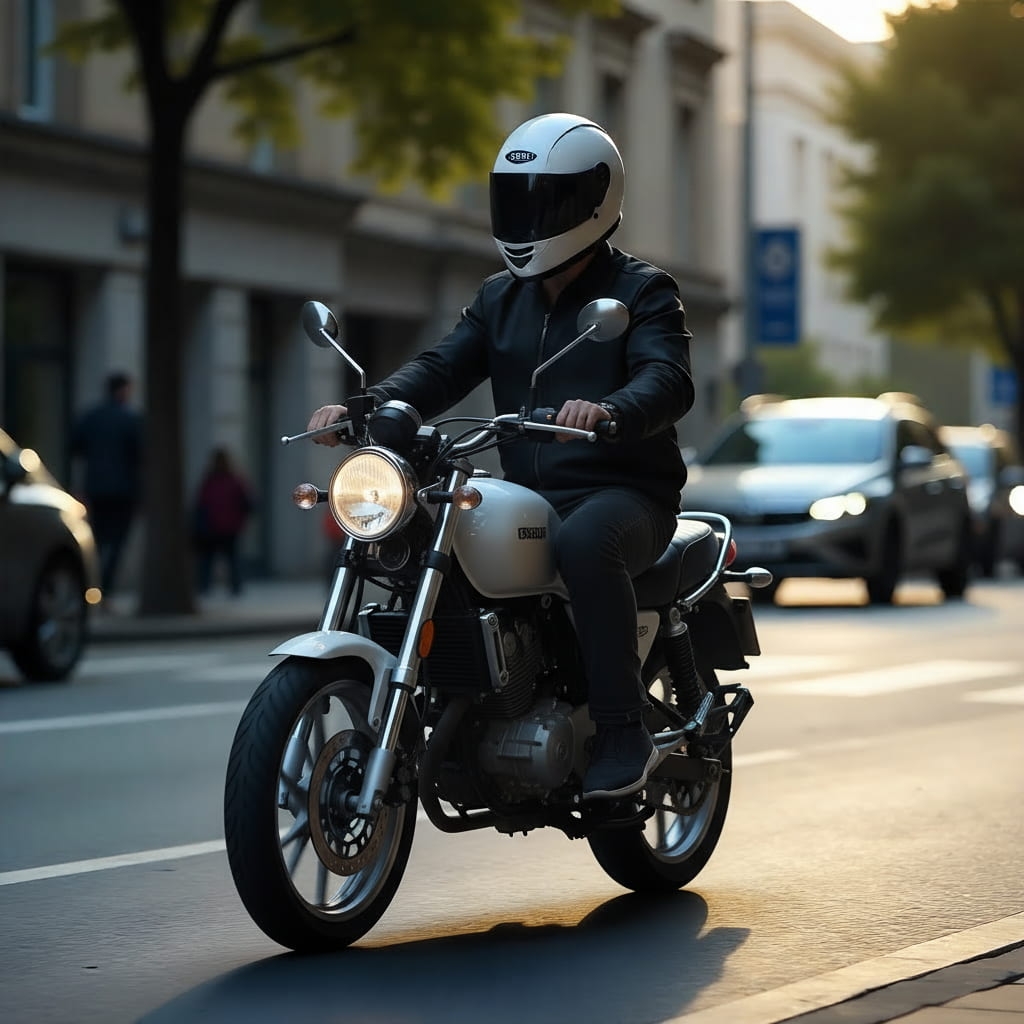 Motard conduisant une moto beige accessible avec permis 125 ou la formation 125