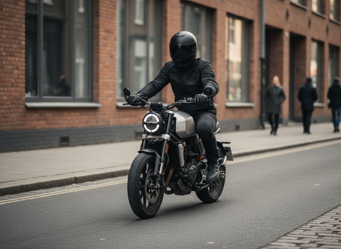 Motard portant l'équipement obligatoire pour le permis moto.