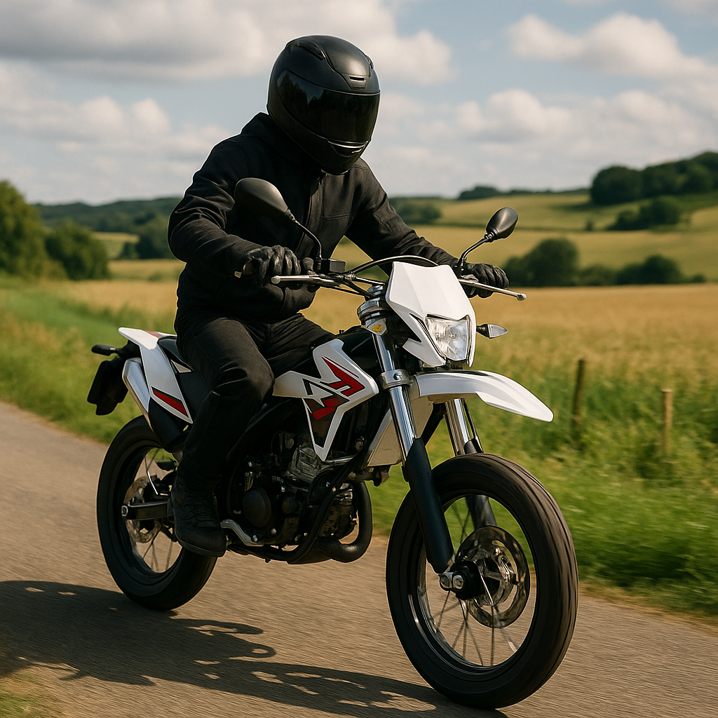Image d'un homme conduisant une moto 50cc accessible avec le permis AM