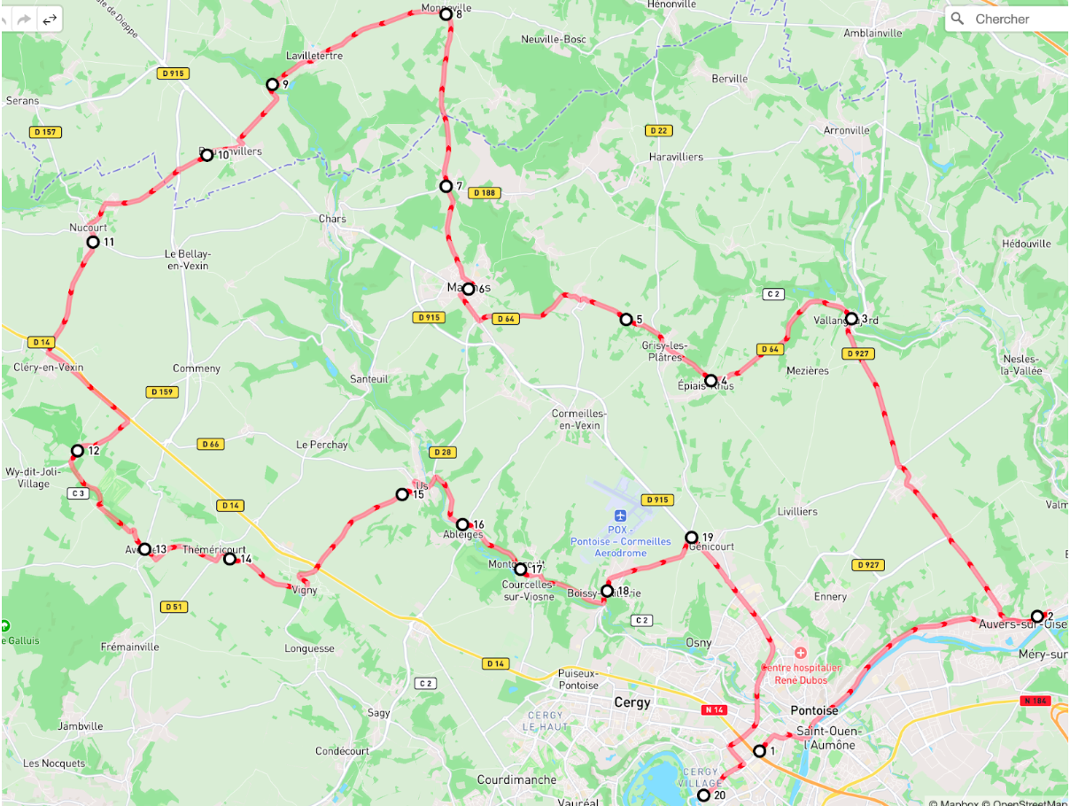 Tracé de l'itinéraire pour une balade moto dans le Vexin Carte de l'itinéraire à suivre pour faire la balade en moto dans le Vexin français