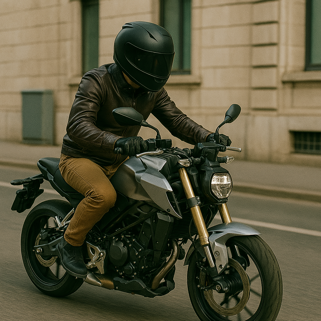 Homme conduisant une moto 125cc grise accessible avec un permis A1