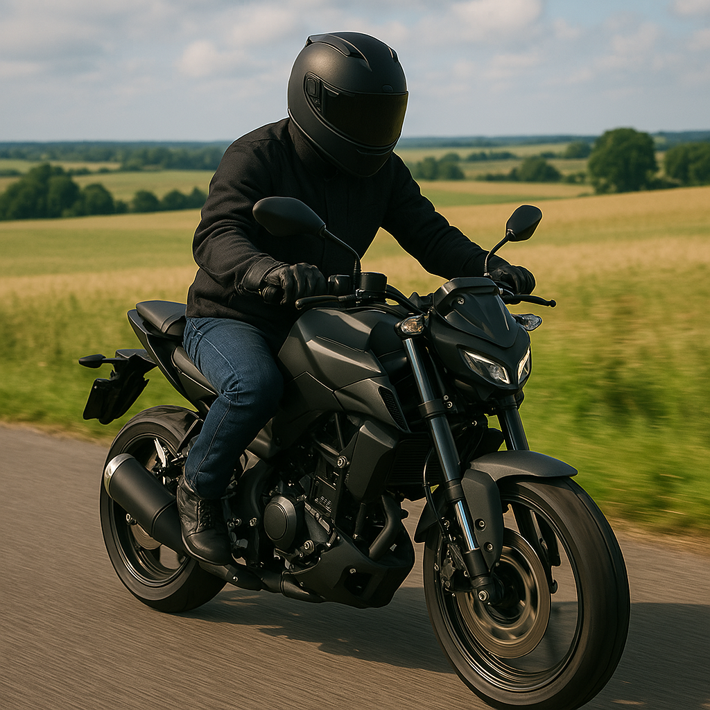 Homme conduisant une moto 125cc noire accessible avec un permis A1