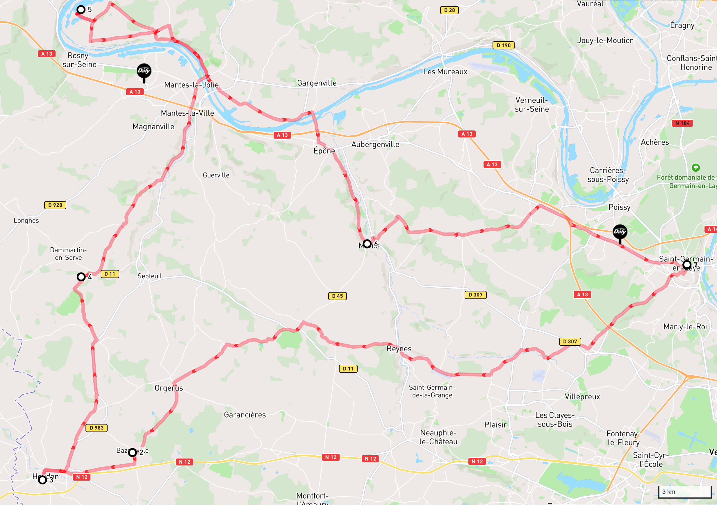 illustration de l'itinéraire à suivre pour une balade moto dans le nord des Yvelines