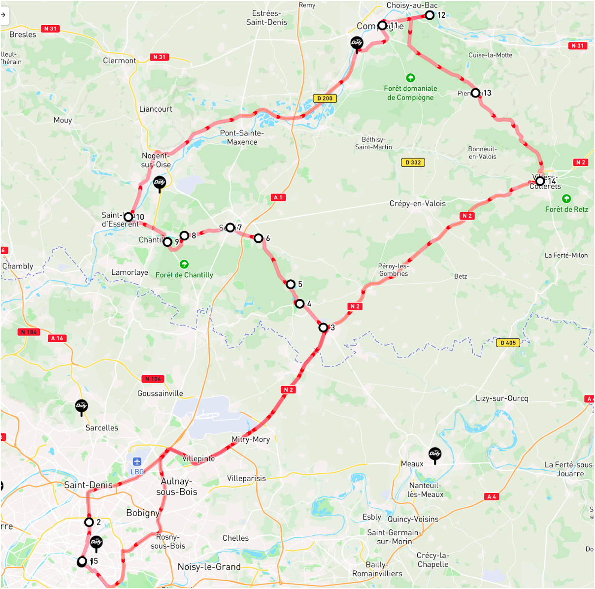 Carte de l'itinéraire à suivre pour faire la balade en moto dans l'Oise