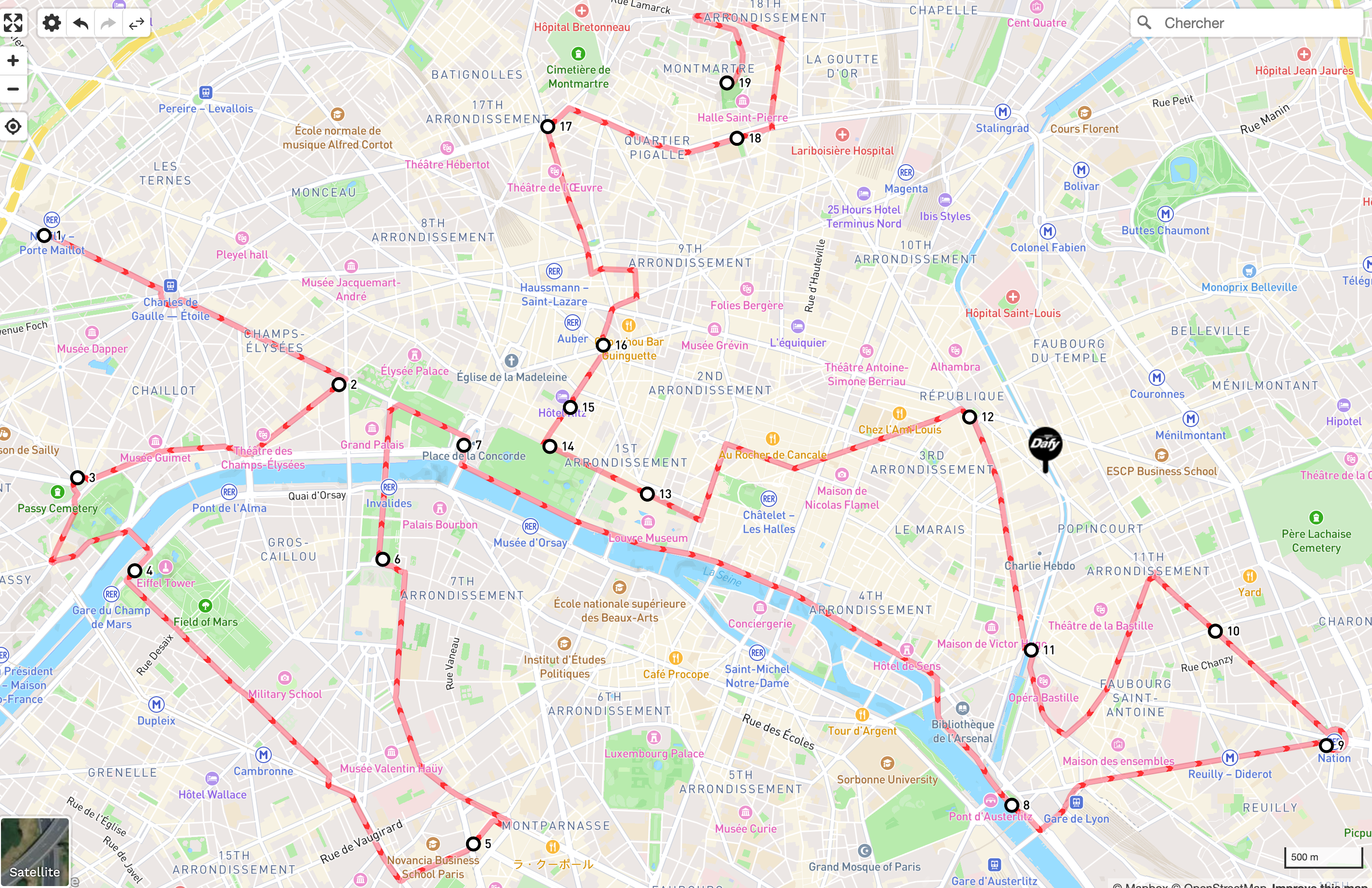 Illustration de l'itinéraire à suivre pour une balade moto dans Paris intra-muros