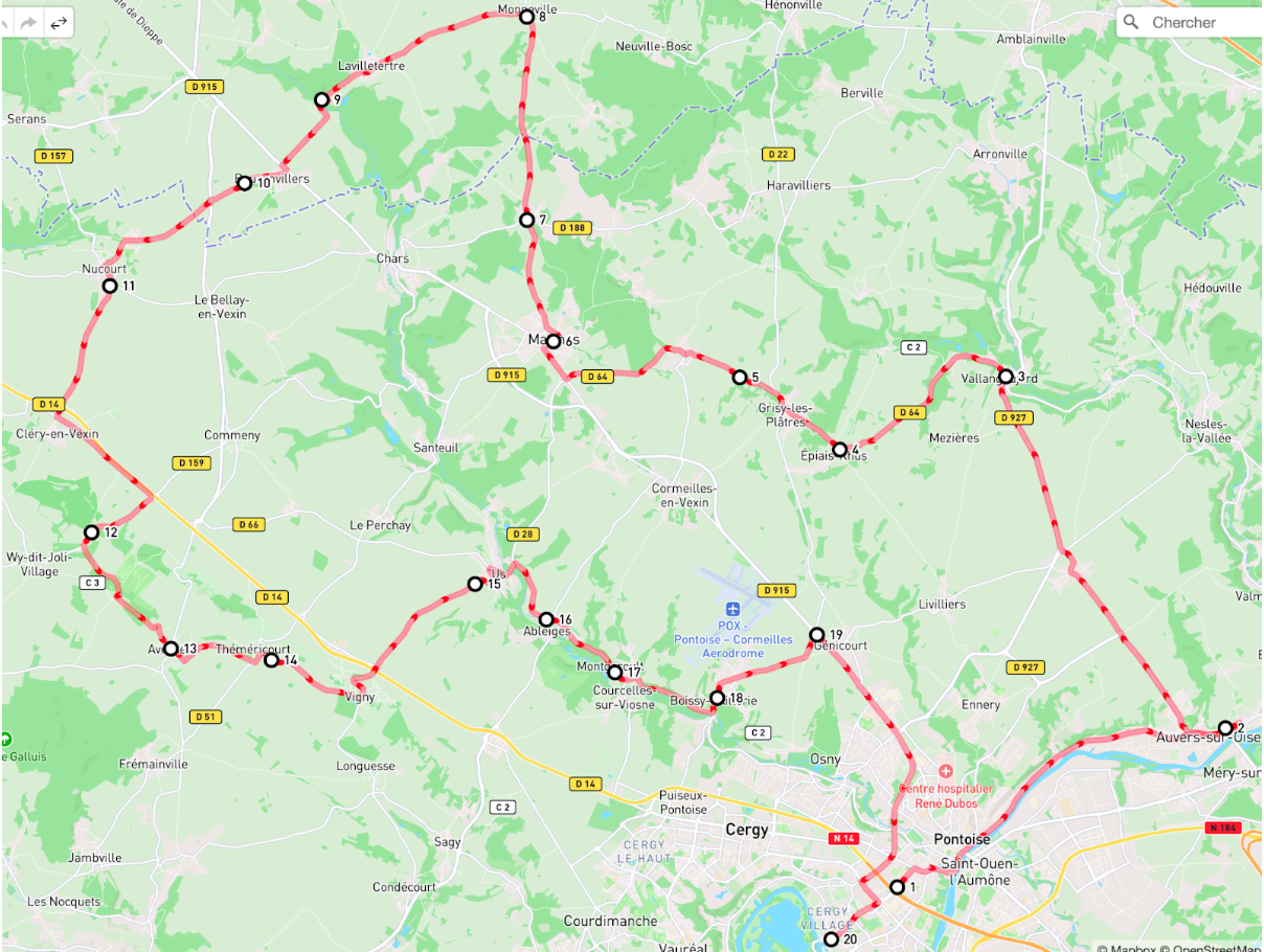 Carte de l'itinéraire à suivre pour faire la balade en moto dans le Vexin français
